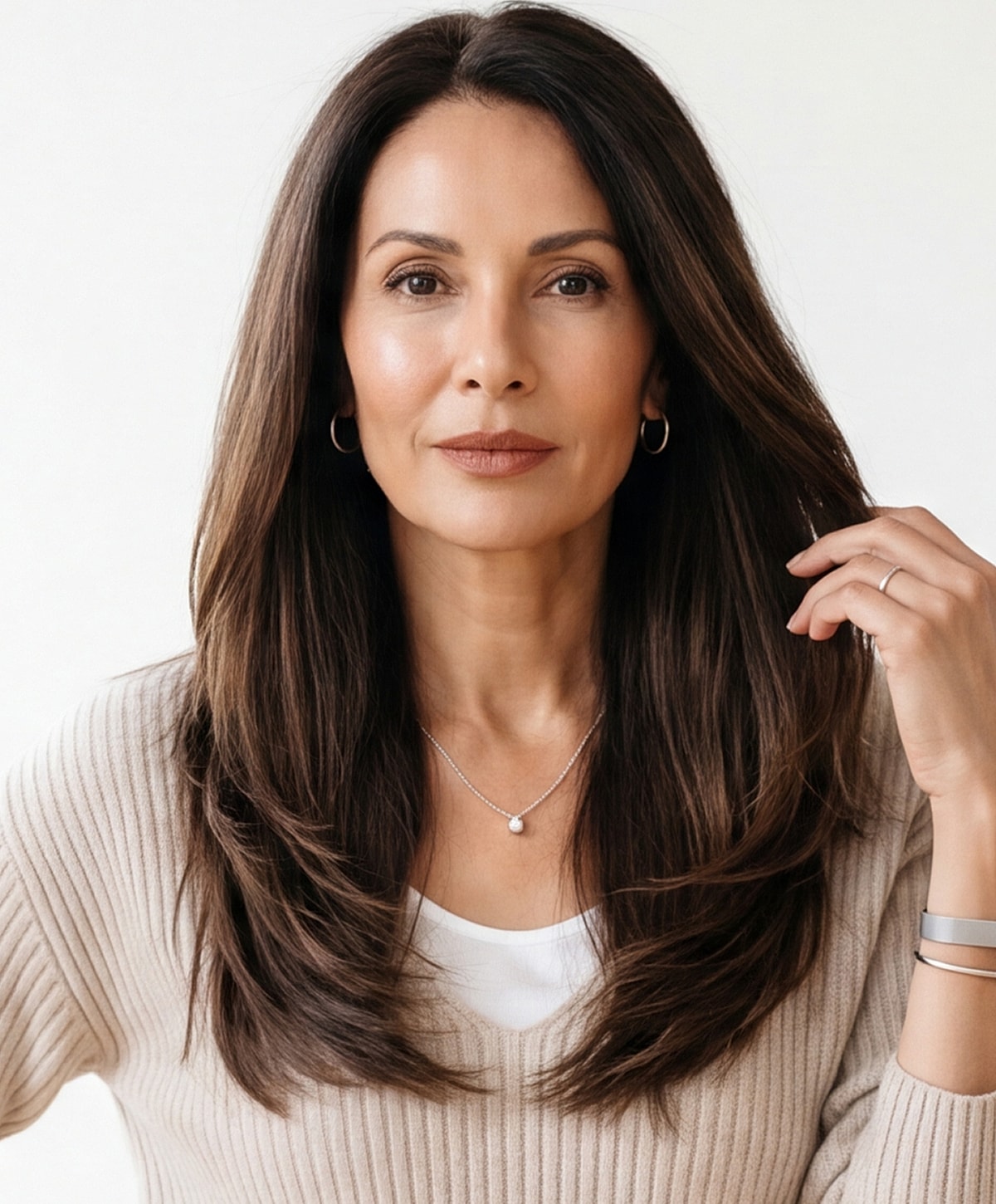 Woman with long hair and natural makeup.