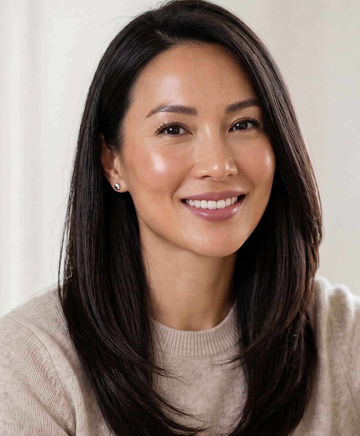 Smiling woman with long dark hair, beige sweater.
