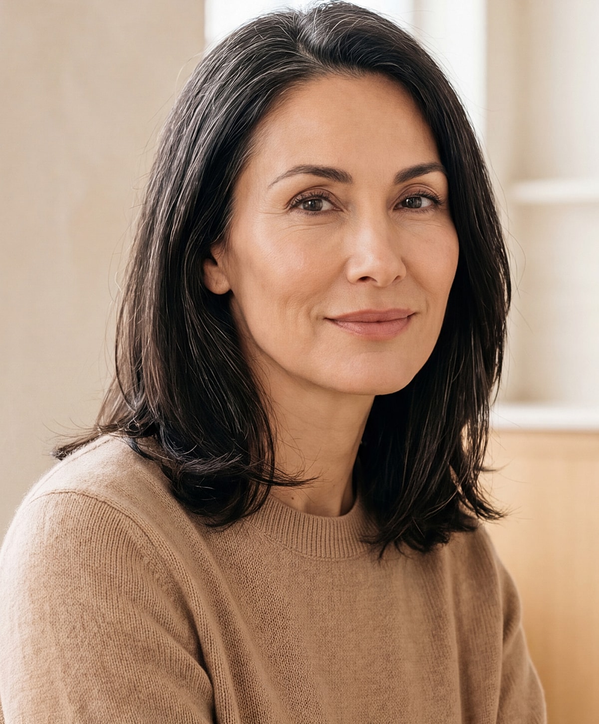Woman smiling in a cozy sweater.