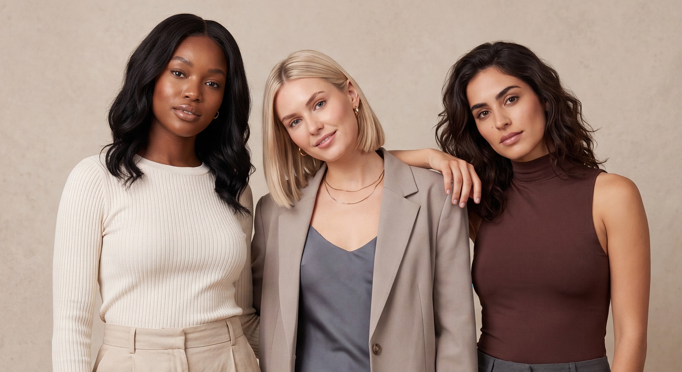 Three women posing in stylish outfits.